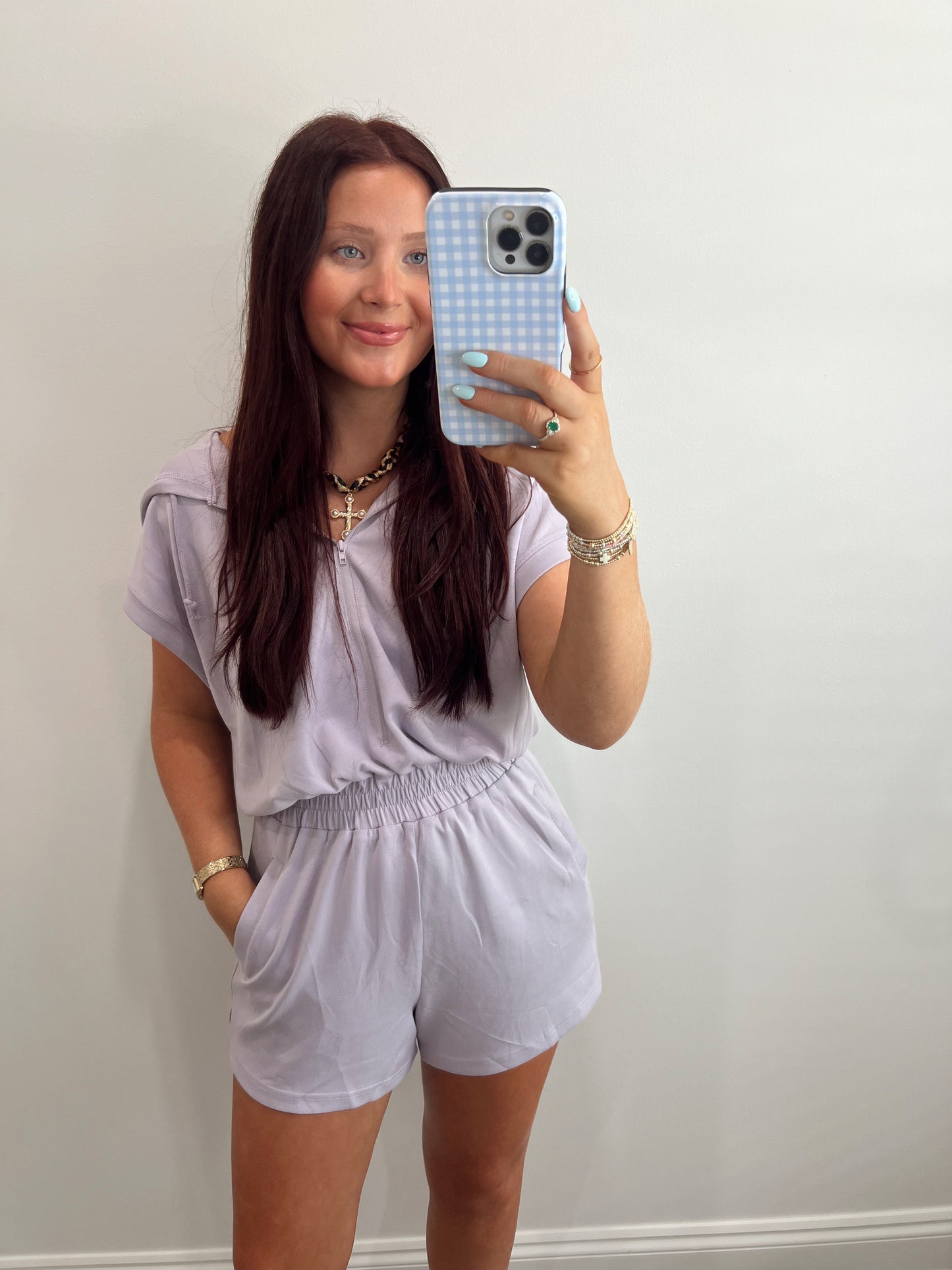 Half Zip Hooded Romper | LILAC