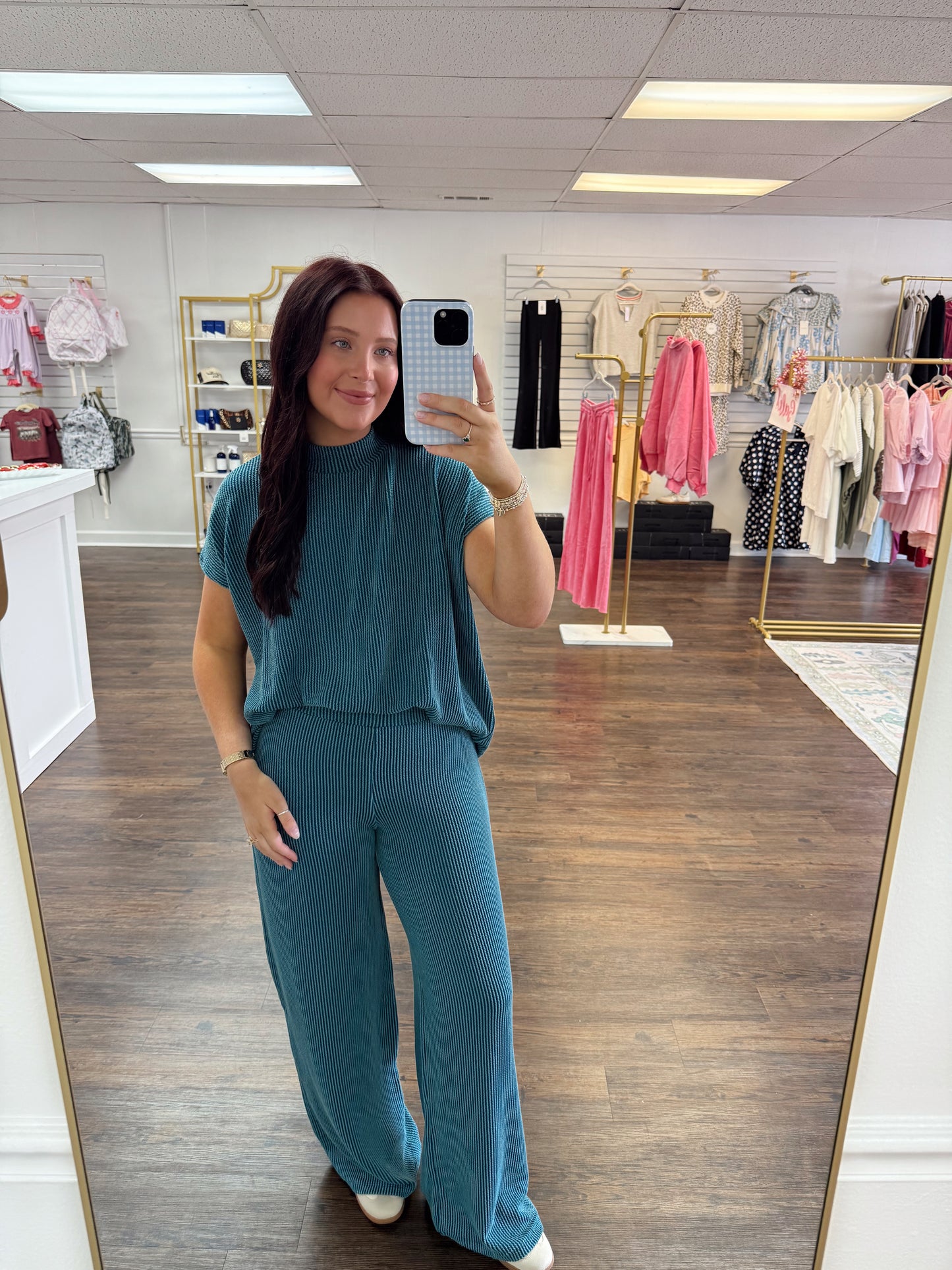 Ribbed High Neck Set | Teal