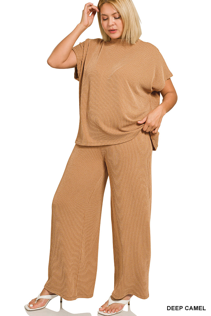 Ribbed High Neck Set | Camel | PLUS