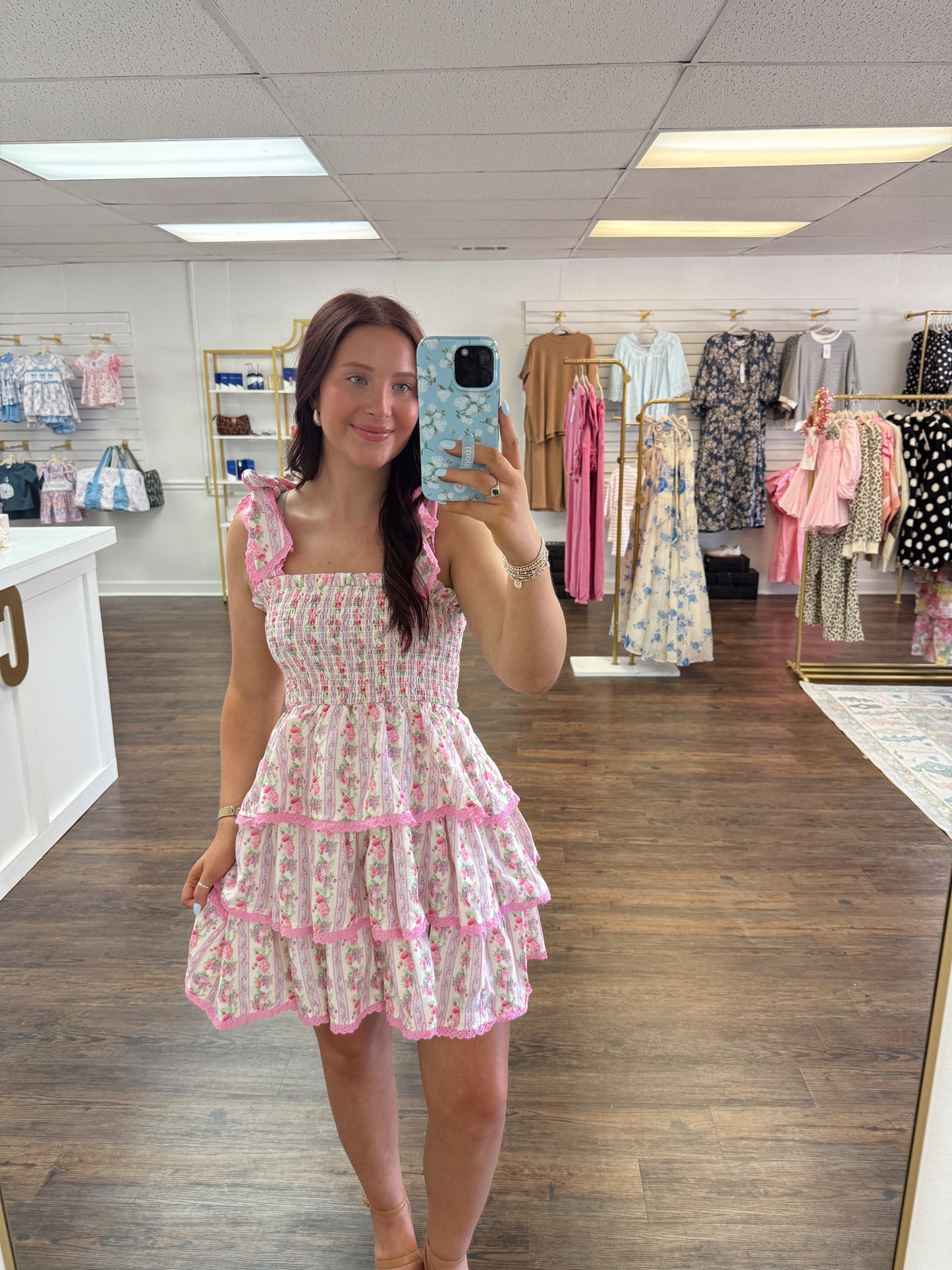 Pink Floral Tiered Dress