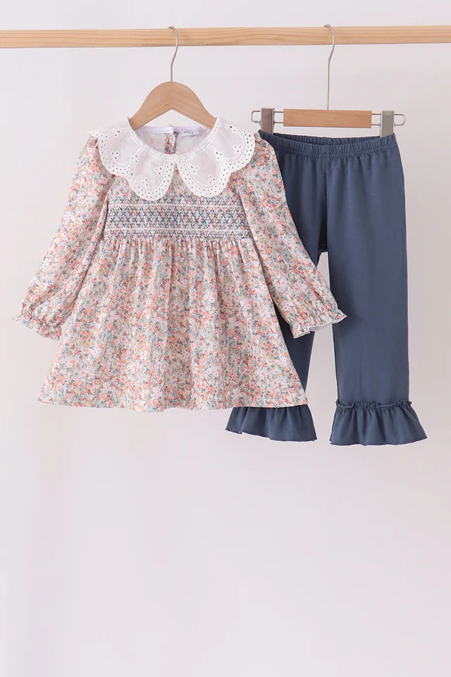Floral Smocked Ruffle Pants Set