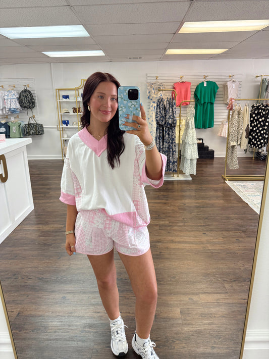 Flower Checker Patchwork Shorts | Pink