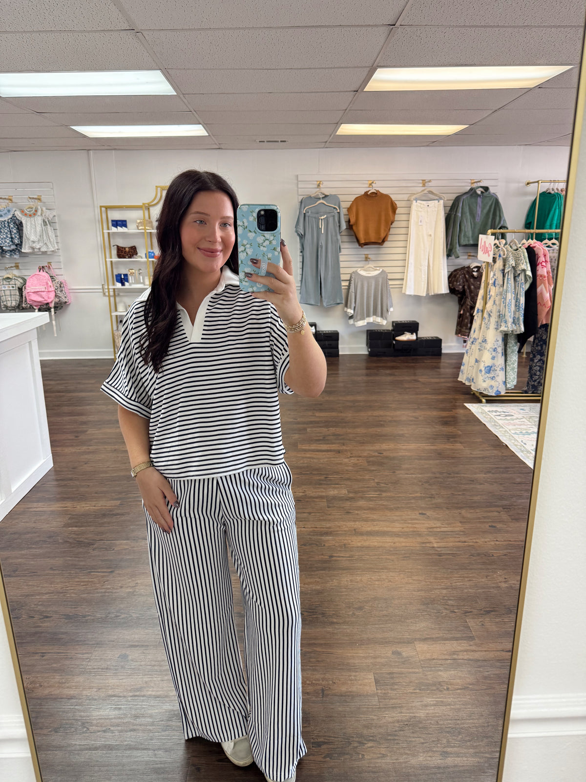 Striped Collared Pants Set