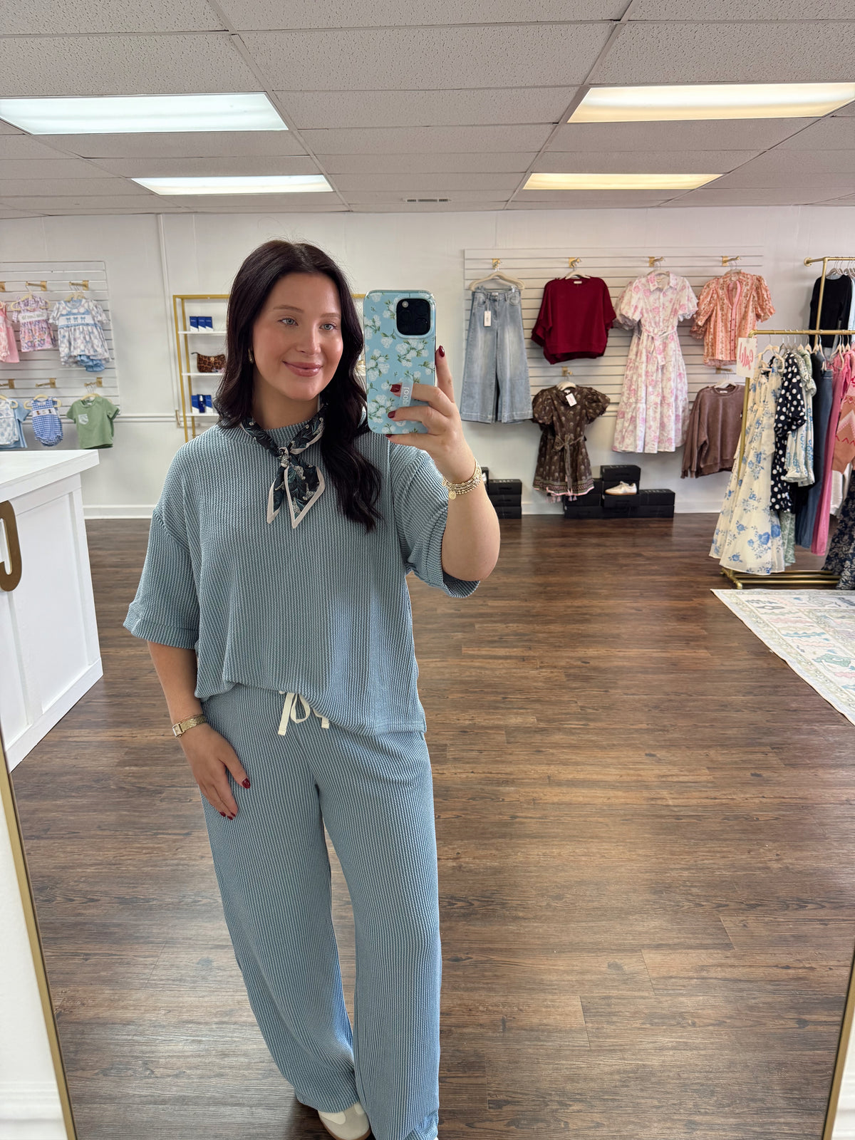 Blue Ribbed Pants Set