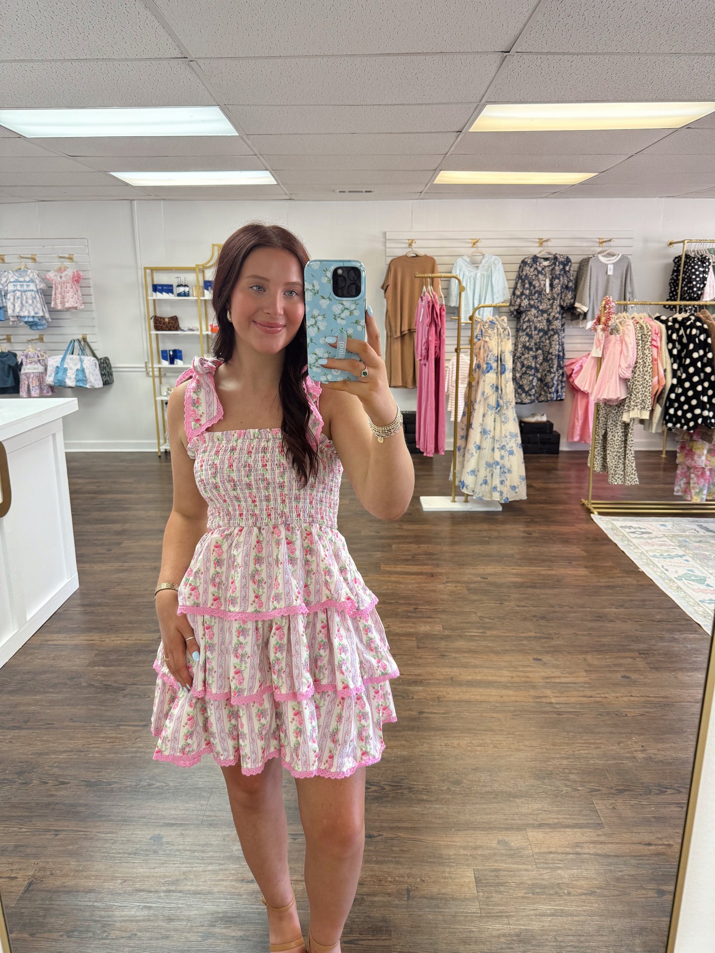 Pink Floral Tiered Dress