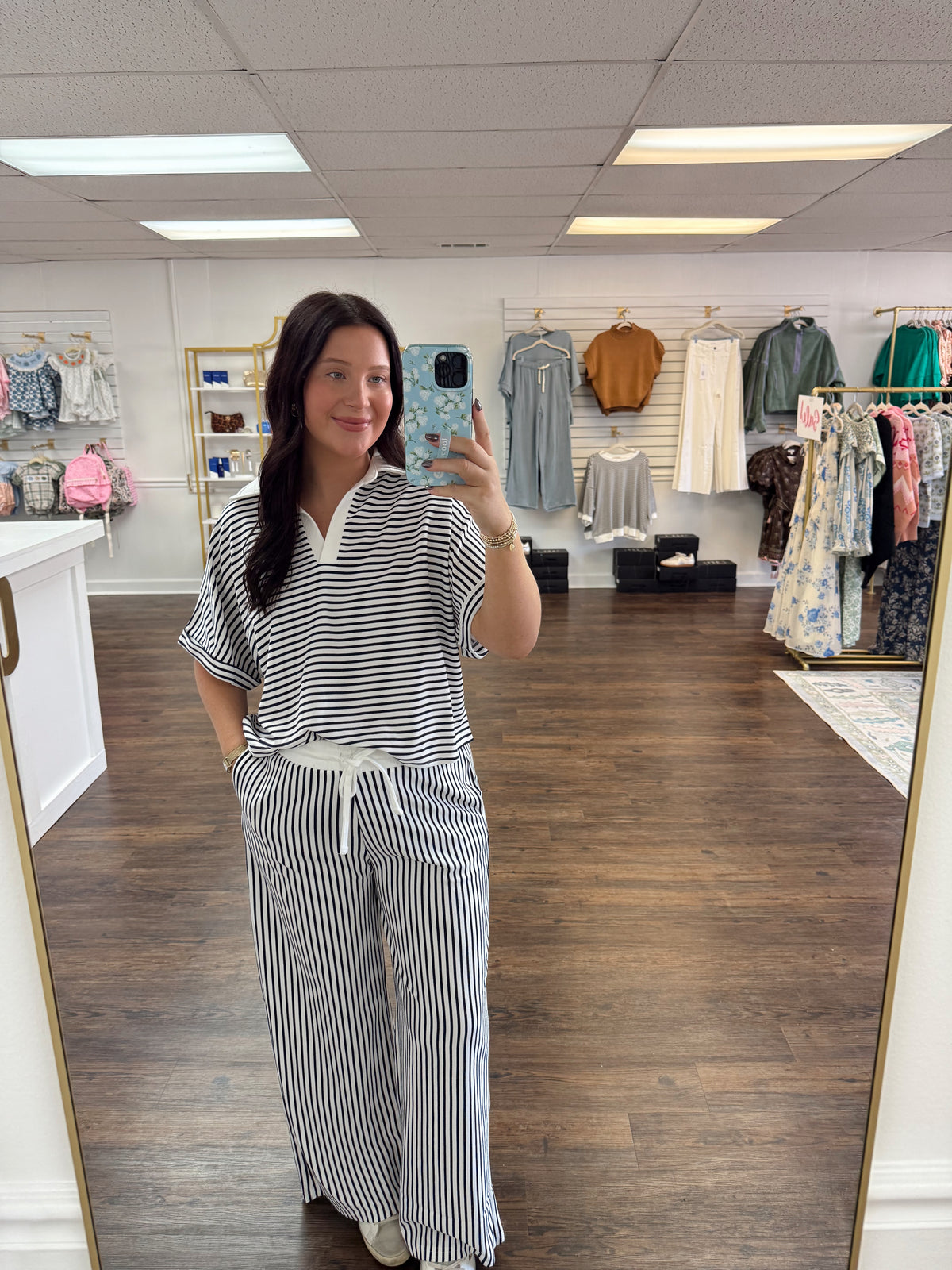 Striped Collared Pants Set