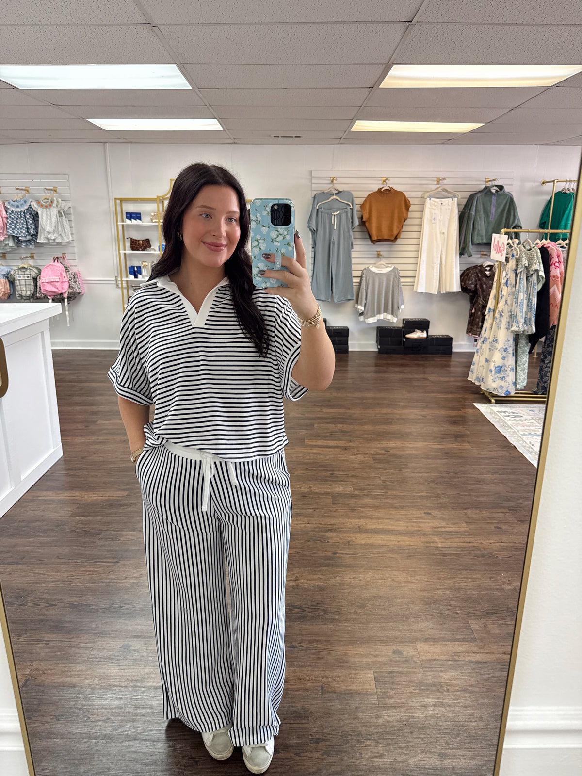 Striped Collared Pants Set