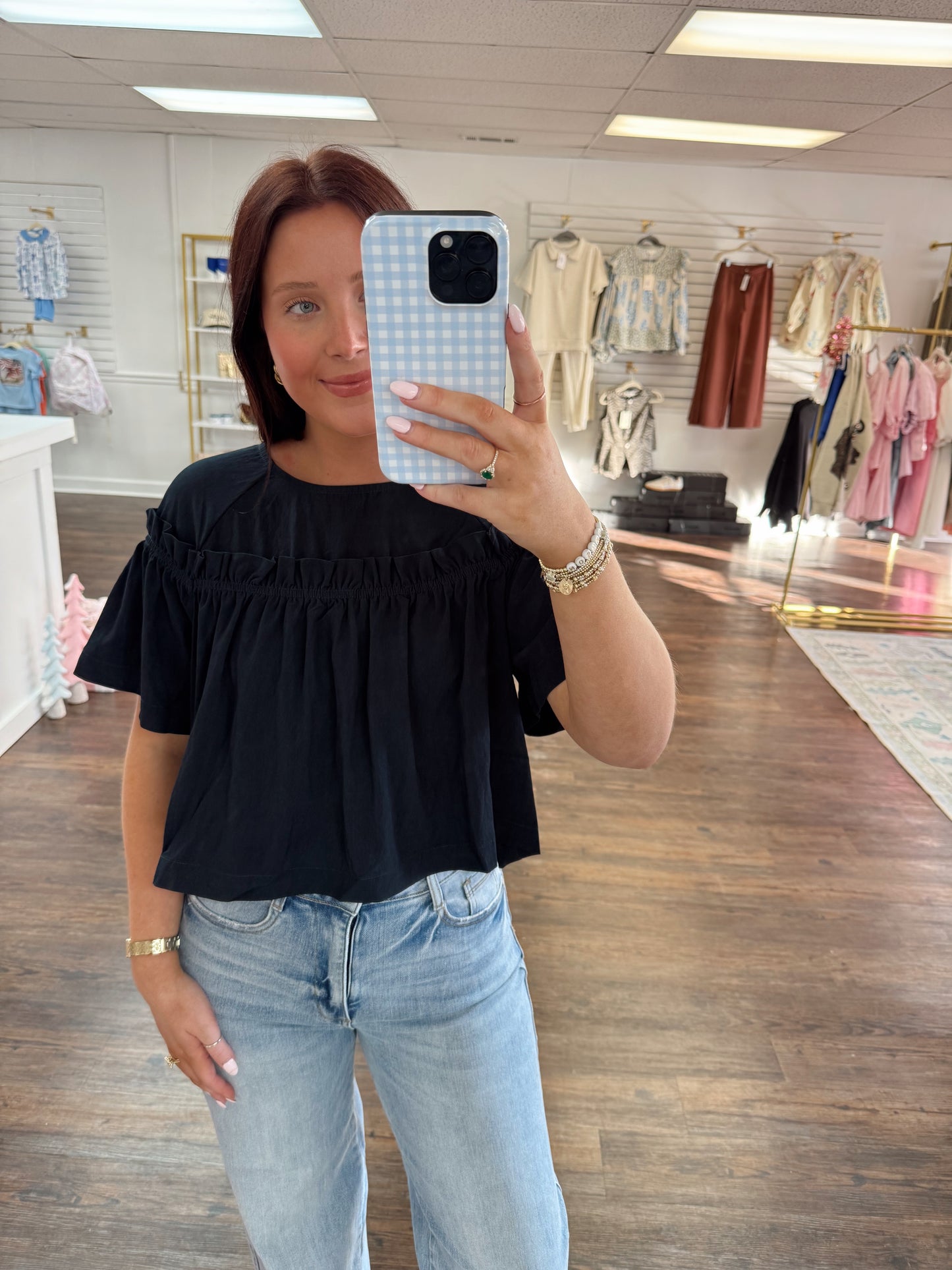 Navy Ruffle Blouse