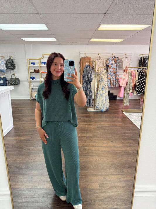Ribbed High Neck Set | Green