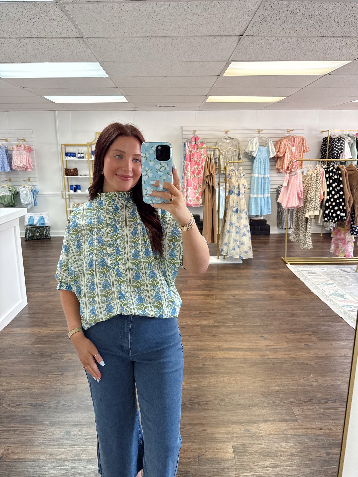 Blue and Green Floral Top