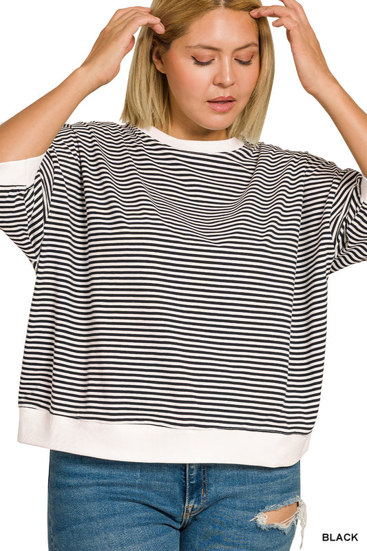 Striped Contrast Top | Black | PLUS