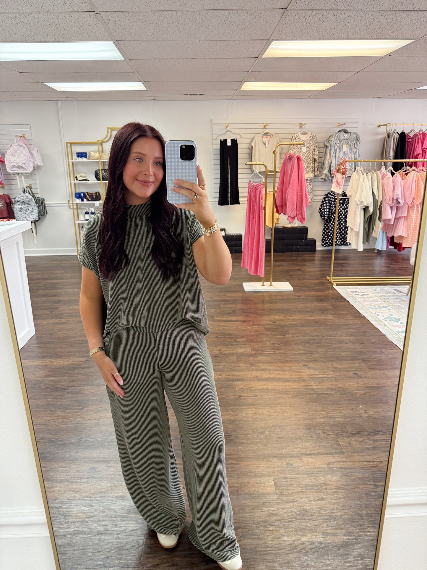 Ribbed High Neck Set | Olive