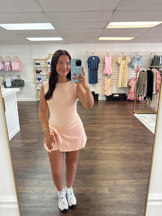 Gingham Wrap Tie Dress | Peach