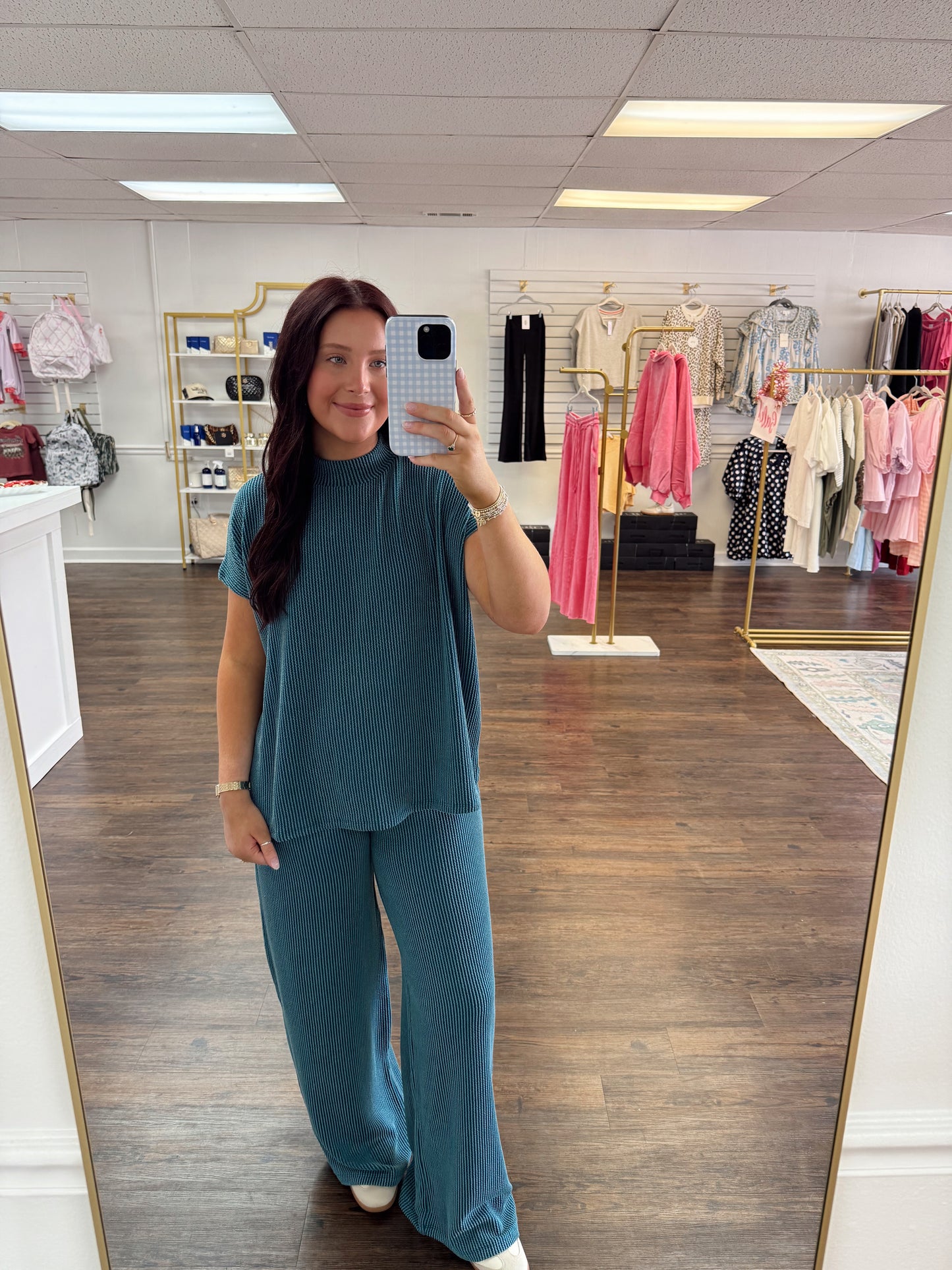 Ribbed High Neck Set | Teal