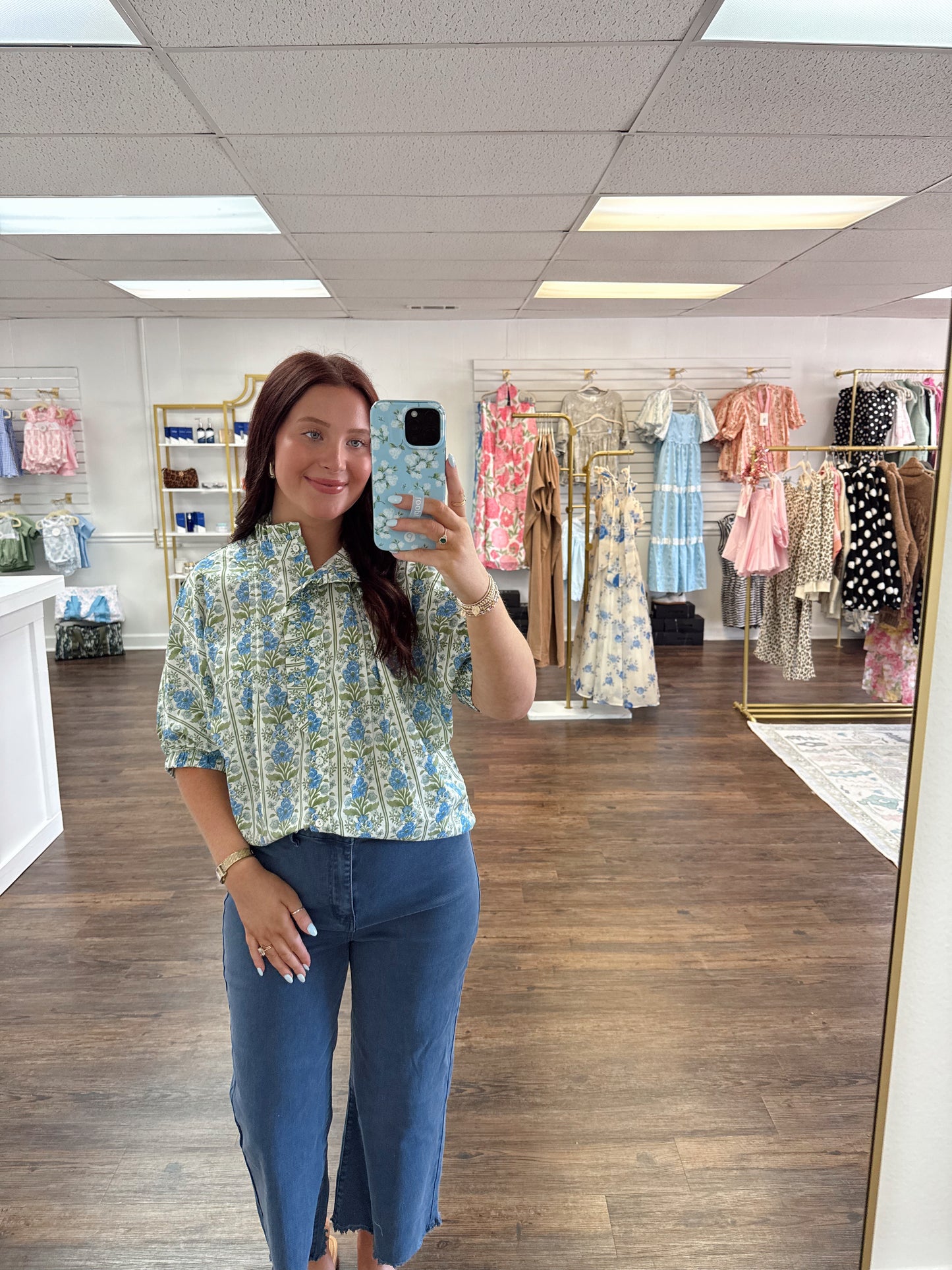 Blue and Green Floral Top
