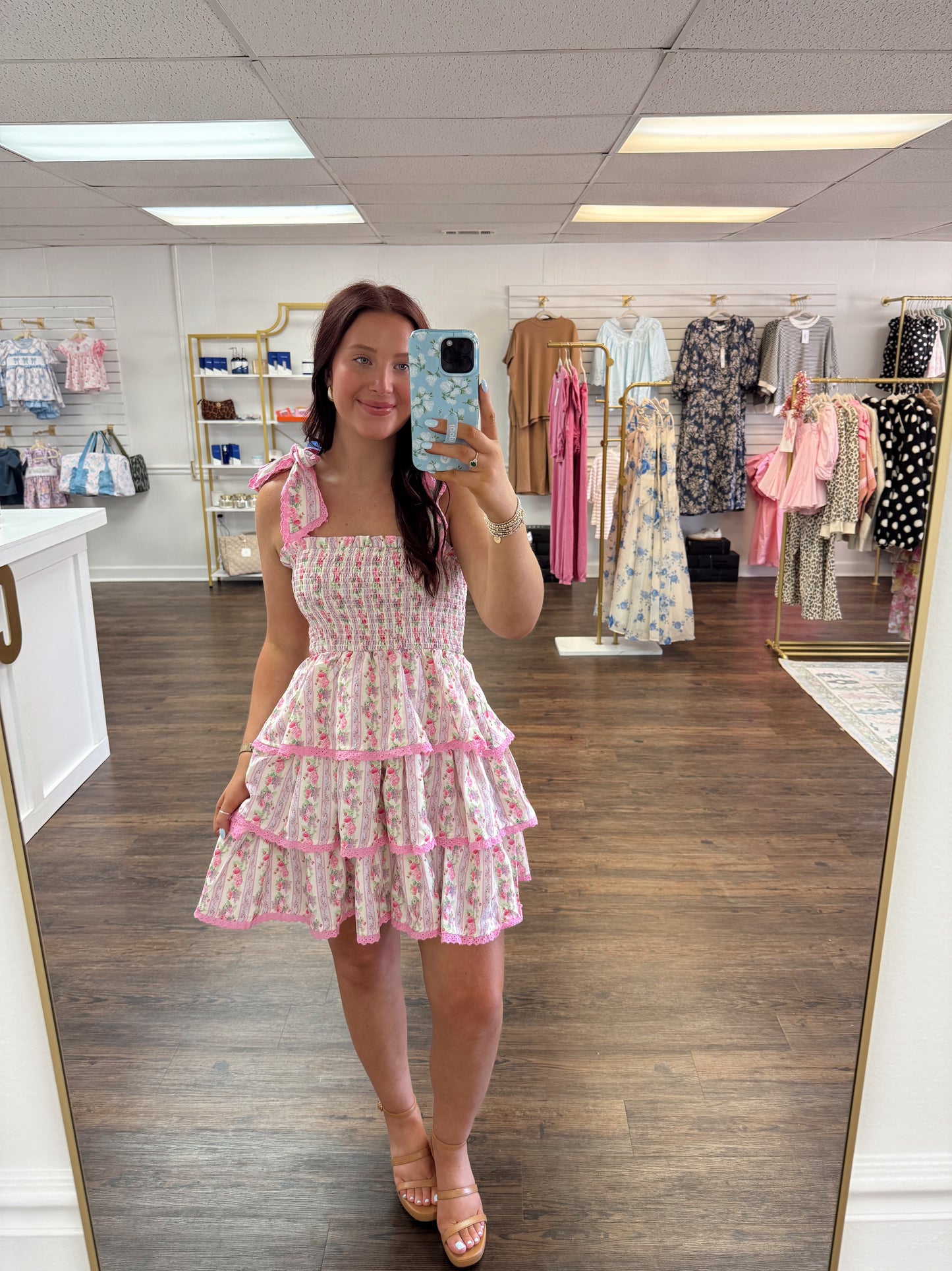 Pink Floral Tiered Dress