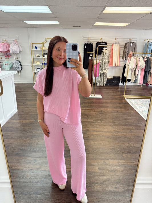 Ribbed High Neck Set | Pink | RESTOCK