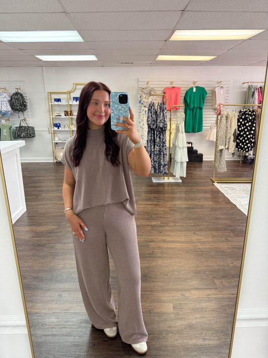 Ribbed High Neck Set | Mocha