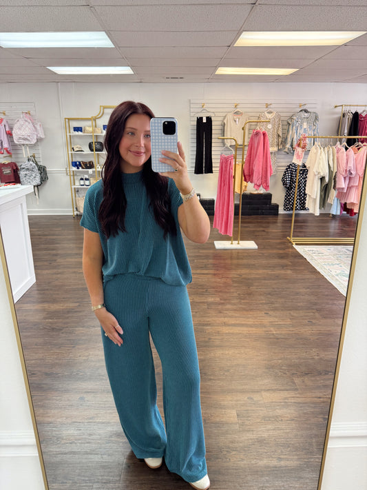 Ribbed High Neck Set | Teal