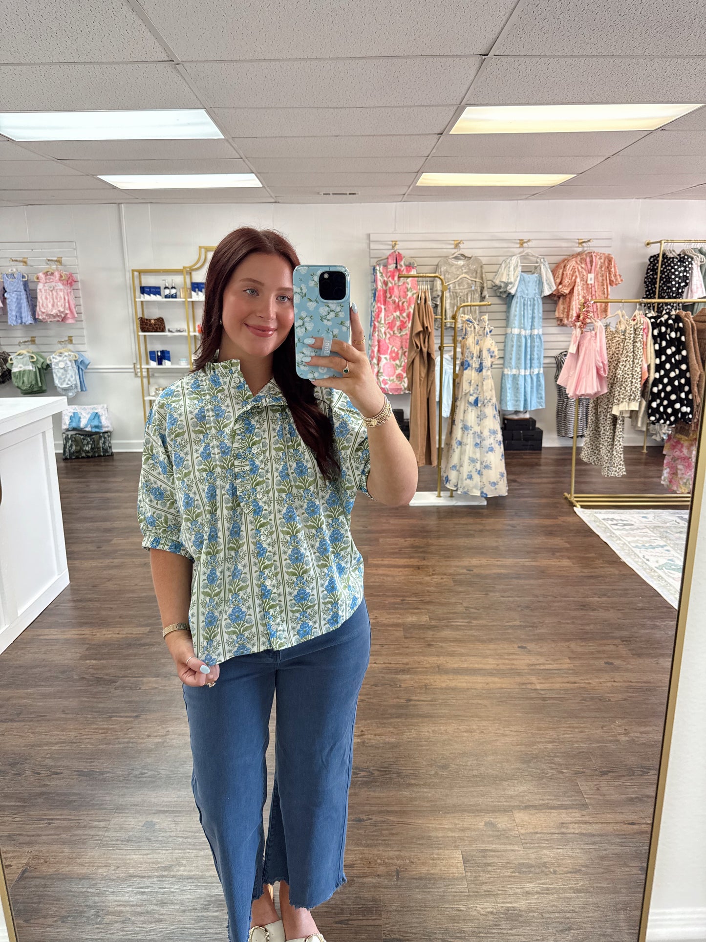 Blue and Green Floral Top