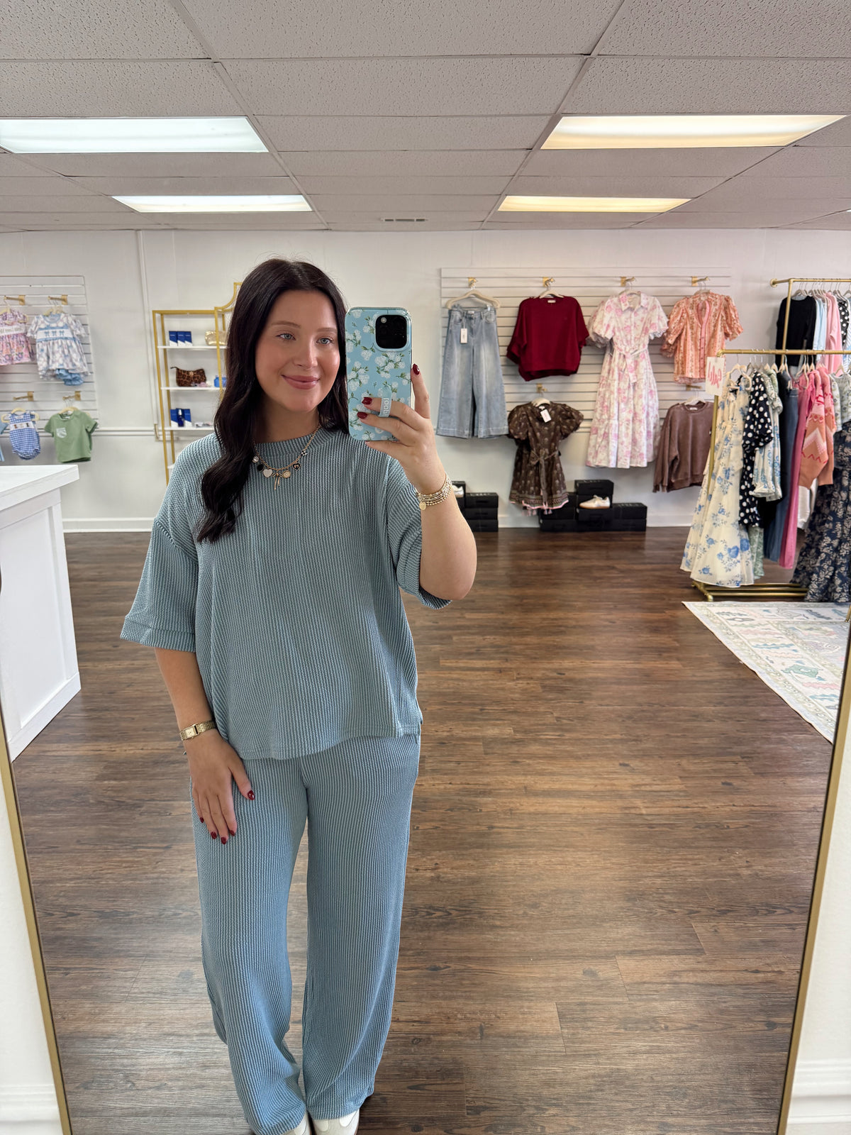 Blue Ribbed Pants Set