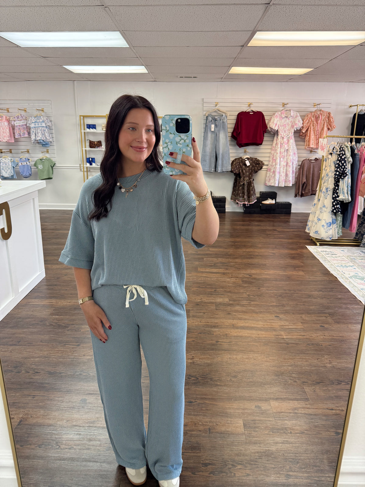 Blue Ribbed Pants Set