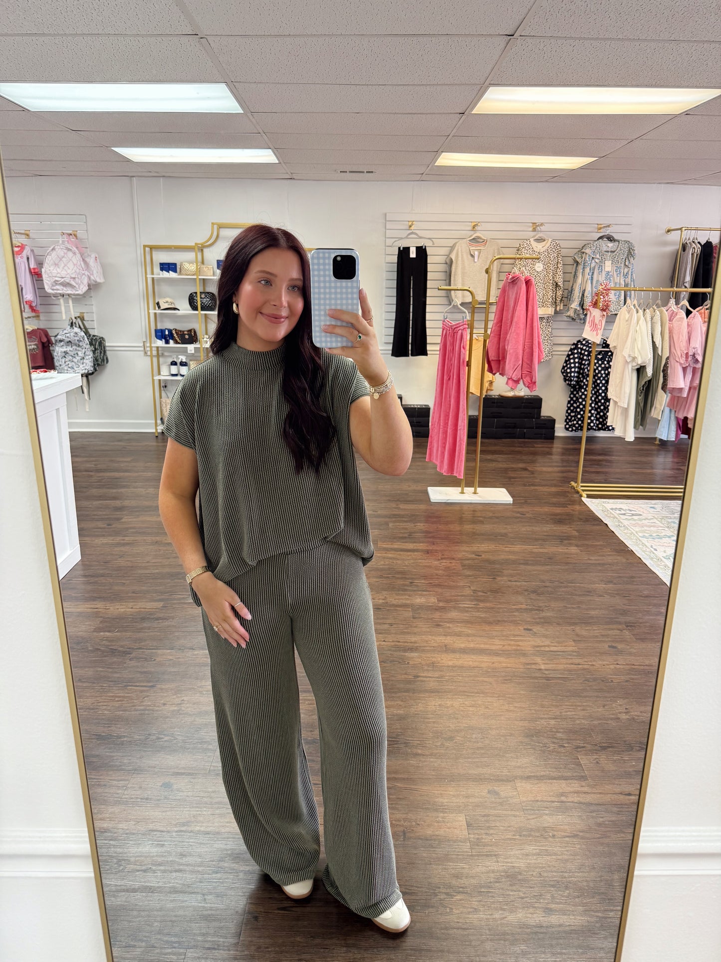 Ribbed High Neck Set | Olive