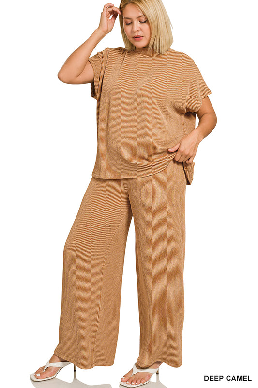 Ribbed High Neck Set | Camel | PLUS